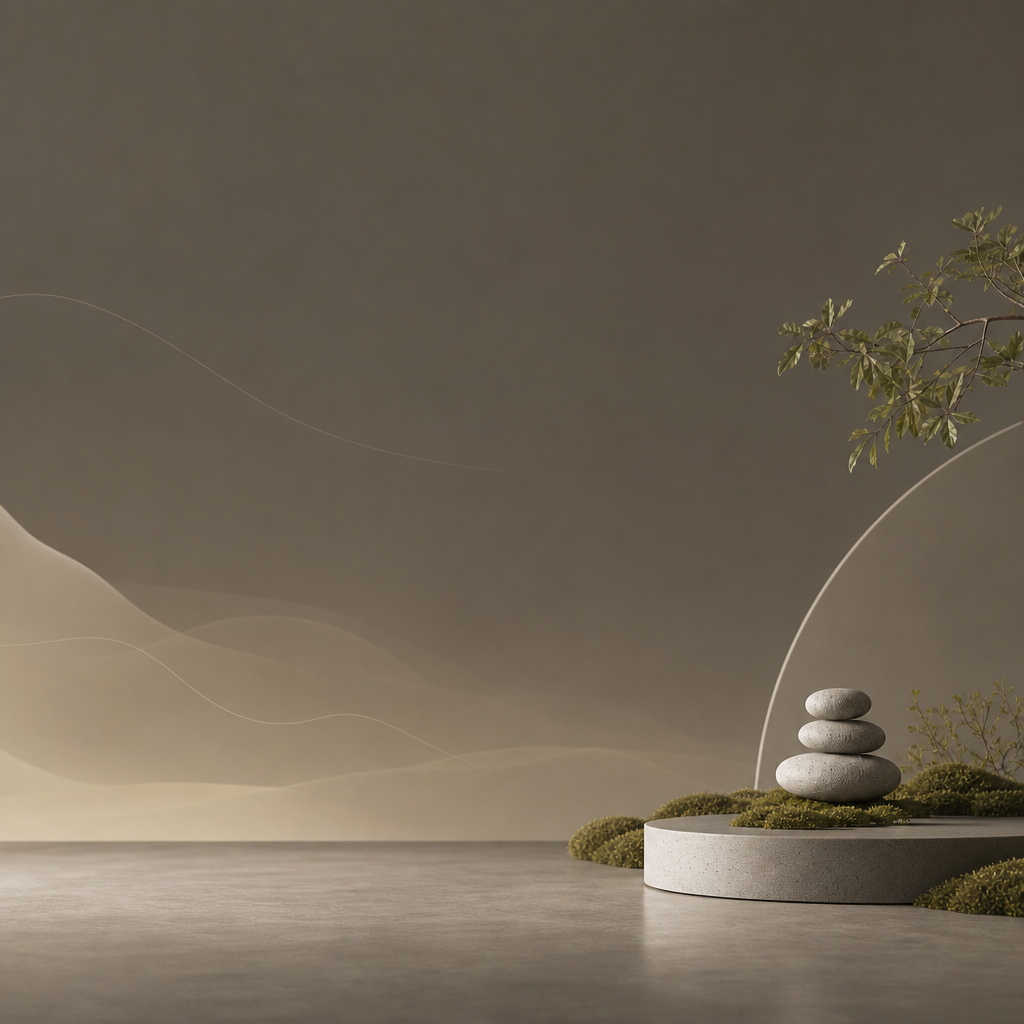 A zen garden of balanced stones, moss, and a bonsai on a stone podium