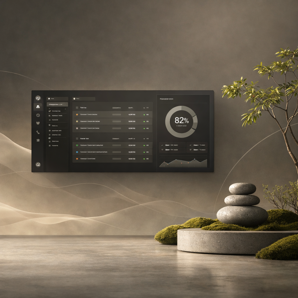 A minimalist dark-mode product dashboard floating beside a zen garden of balanced stones, moss, and a bonsai on a stone podium
